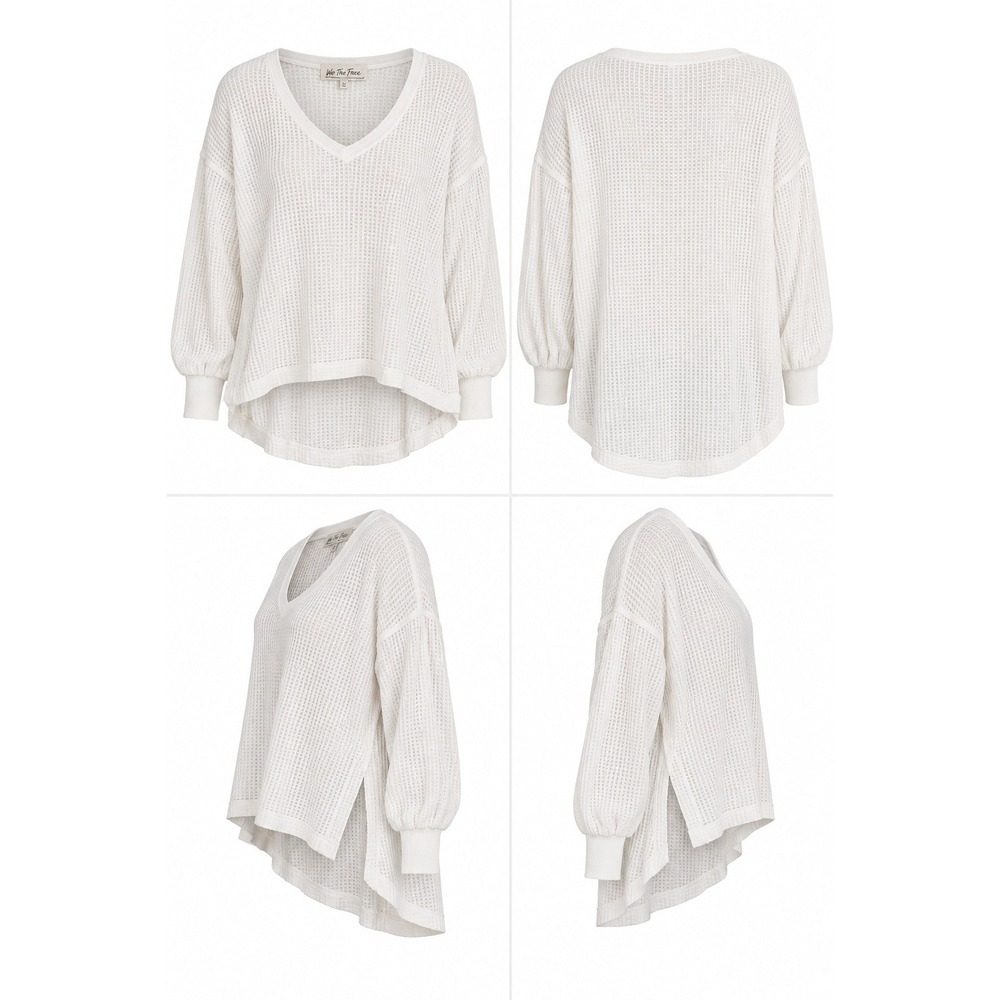 We‎ The Free White Waffle Knit V-Neck High Low Thermal Top XS OB1753675